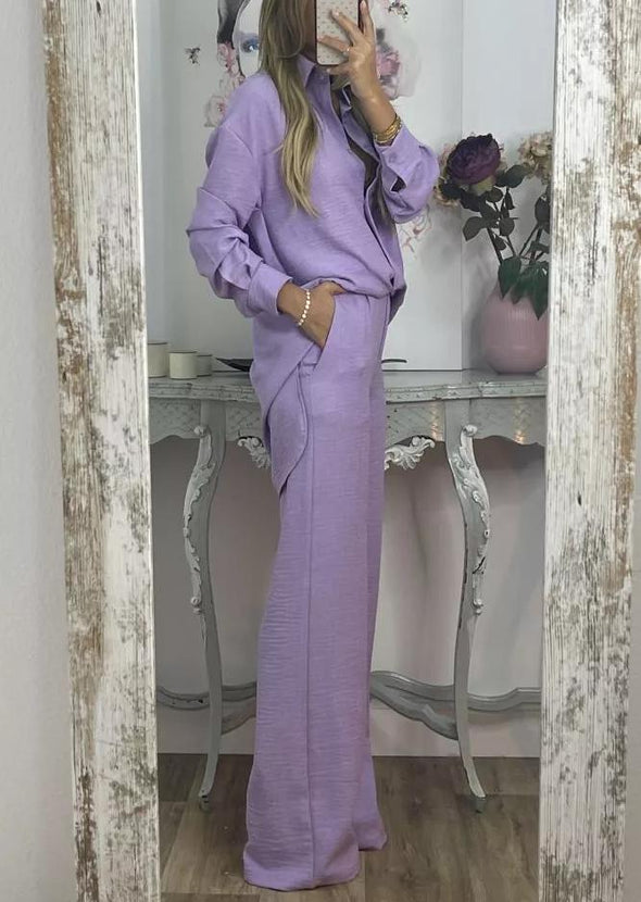 Women's Casual Solid Color Top and Wide Leg Pants Set