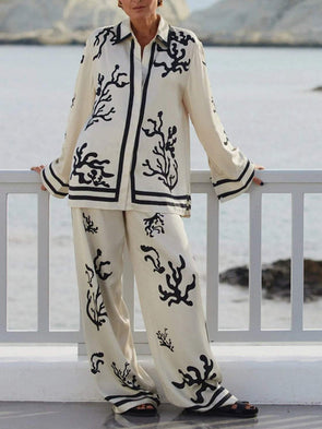 Holiday Contrast Print Long Sleeve Pants Suit