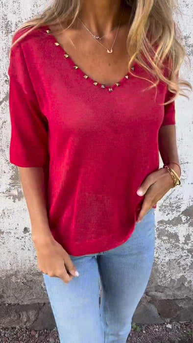 V-neck Rivet Design T-shirt