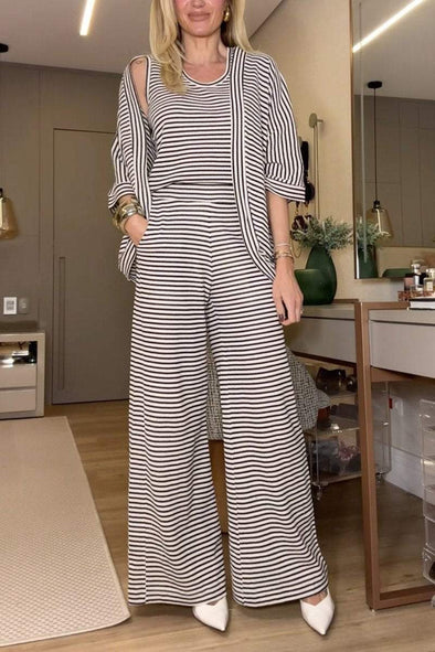 Women's Casual Round-neck Striped Three-piece Suit