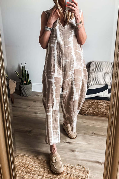 Casual striped tie-dye cotton and linen jumpsuit