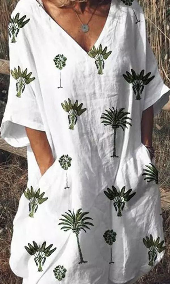 Women's Seaside Comfort V-Neck Coconut Tree Print Dress