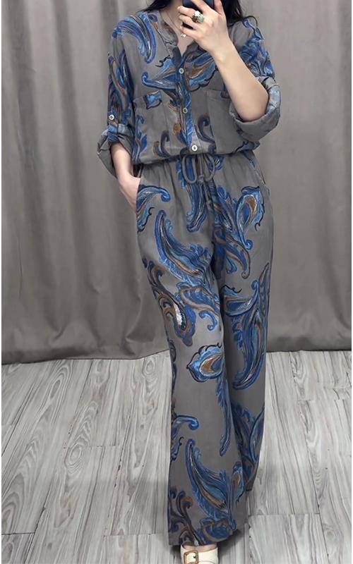 Casual V-neck Printed Cotton and Linen Suit