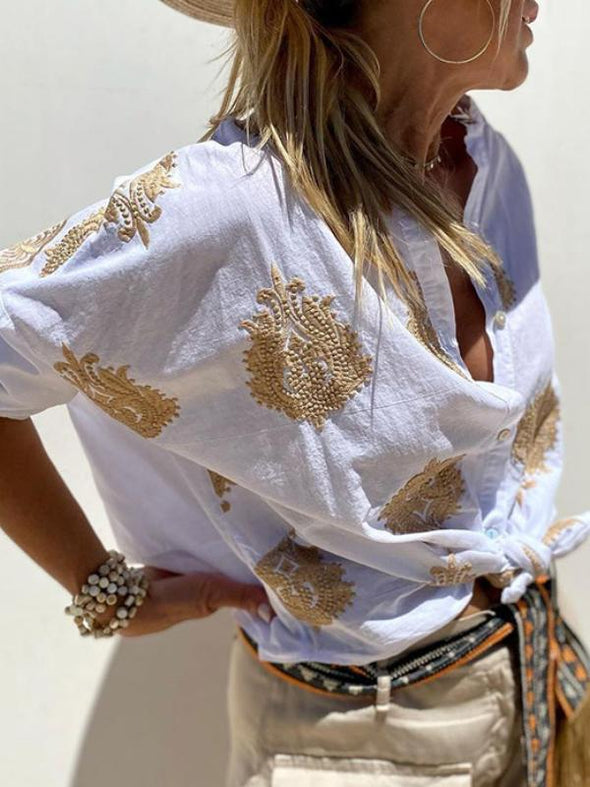 Casual embroidered cotton and linen shirt top