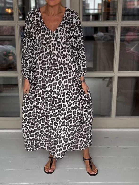 Casual V-neck Leopard Print Long-sleeved Dress