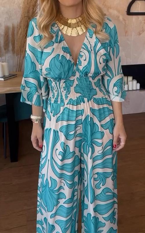 Casual V-neck Printed Jumpsuit