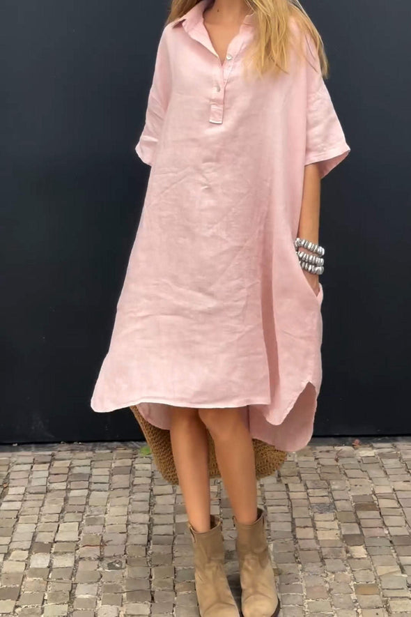 V-neck Buttoned Cotton and Linen Dress