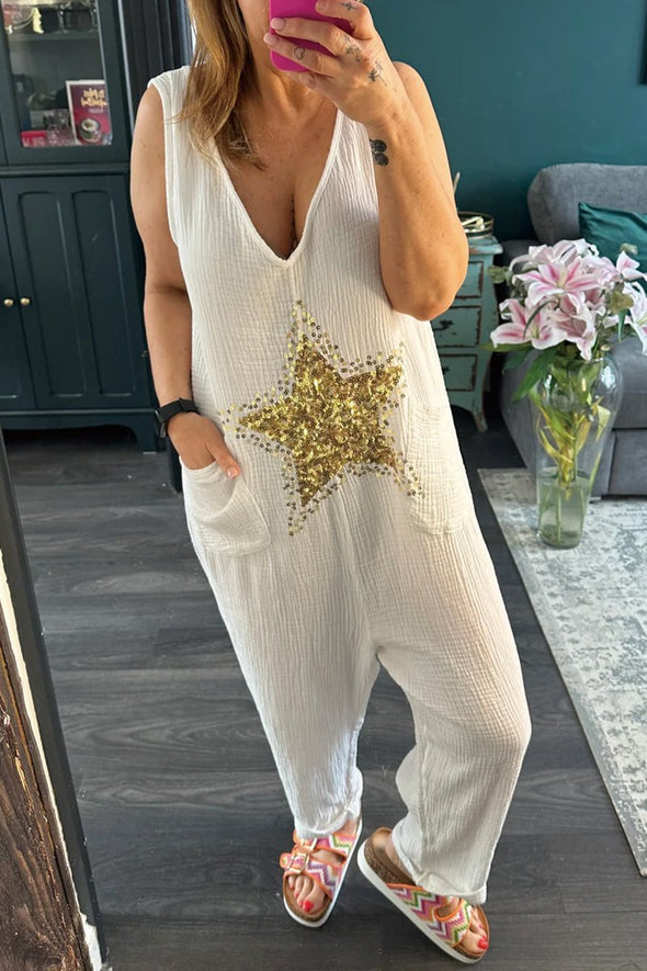 Beaded star V-neck jumpsuit