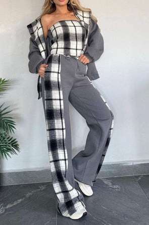 Cardigan, Tube Top and Pants Plaid Splicing Casual Three-piece Set