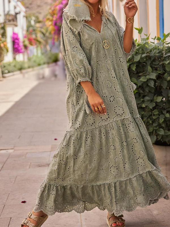 Casual V-neck Hollow Cotton and Linen Dress