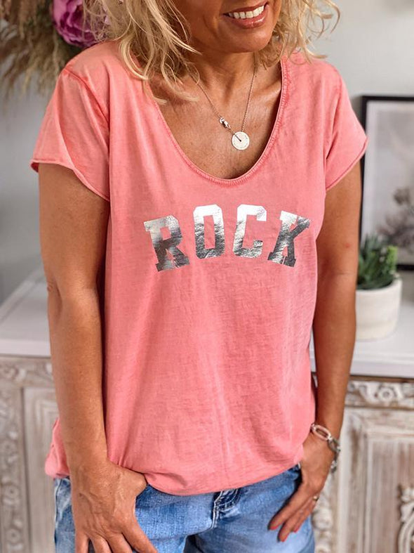 V-neck Short-sleeved Rock Print T-shirt