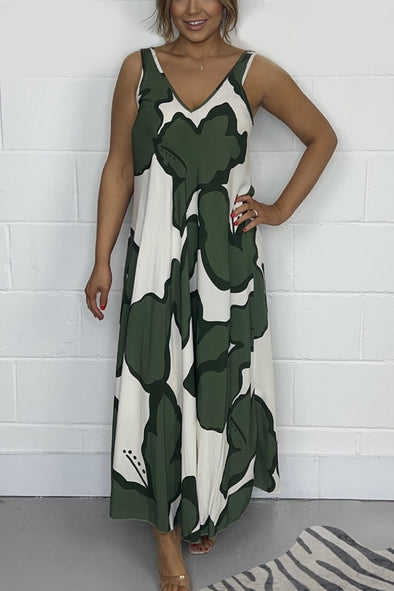 Women's V Neck Printed Maxi Dress