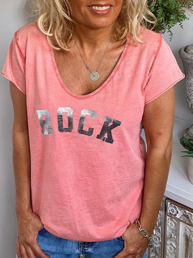 V-neck Short-sleeved Rock Print T-shirt