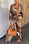 Women's Casual Color Block Leopard Print Pants Suit