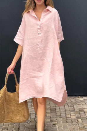 V-neck Buttoned Cotton and Linen Dress