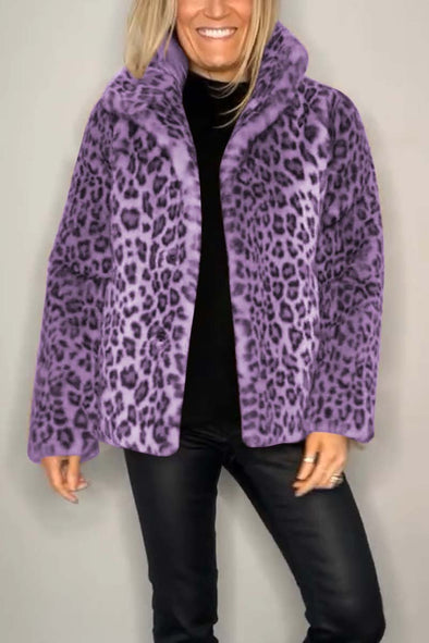 Women's Fashionable Leopard Print Lapel Faux Fur Winter Short Coat