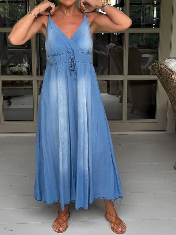 Casual V-neck Denim Suspender Dress