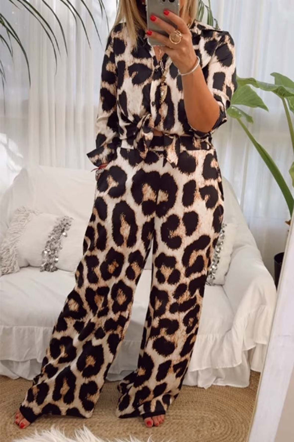 Women's Casual Leopard Print Wide Leg Pants Two Piece Set