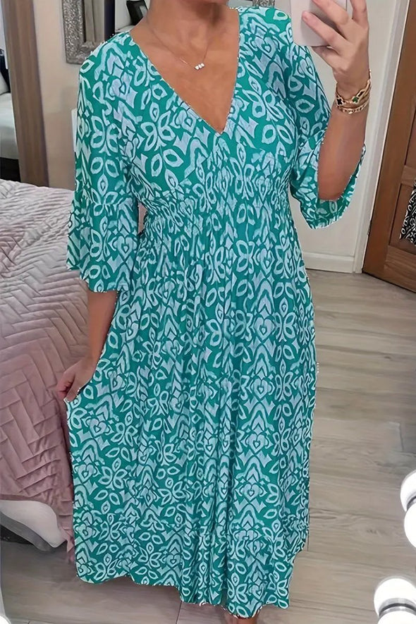 Spring and summer printed V-neck dress