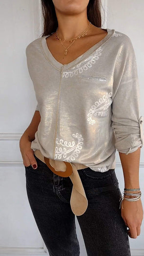 V-neck Hot-printed Long-sleeved Casual Top