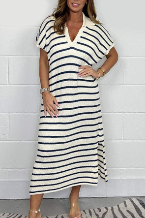 Stripe Knit Midi V Neck Dress