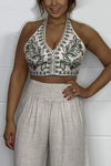 Women's Silver Stud Halter Neck Smocked Crop Top