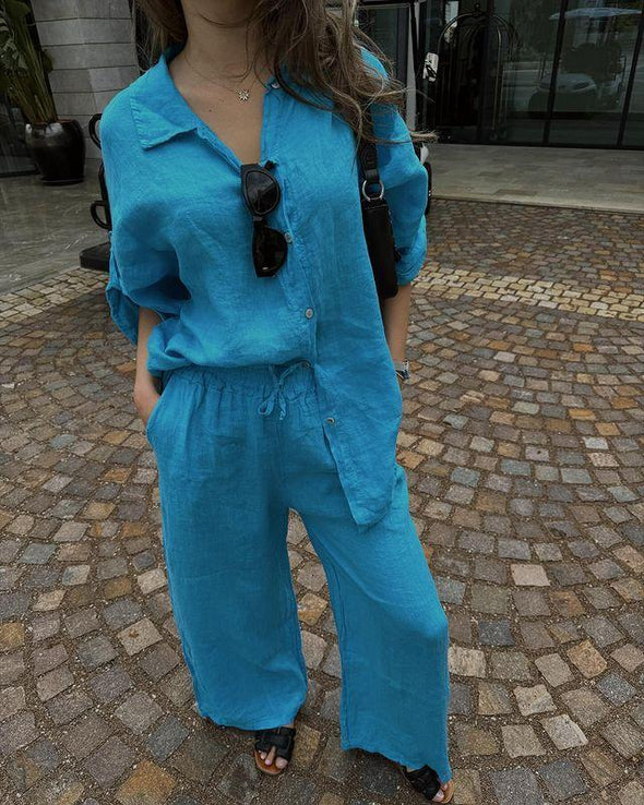 Casual Button Cotton and Linen Two-piece Set