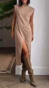 Round Neck Cap Sleeve Slit Dress