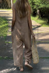 Solid color cotton and linen jumpsuit