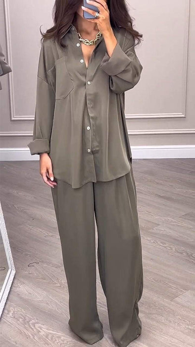 Lapel Long-sleeved Top + Wide-leg Pants Two-piece Suit