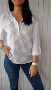 V-neck Mid-sleeve Top with 3D Floral Design