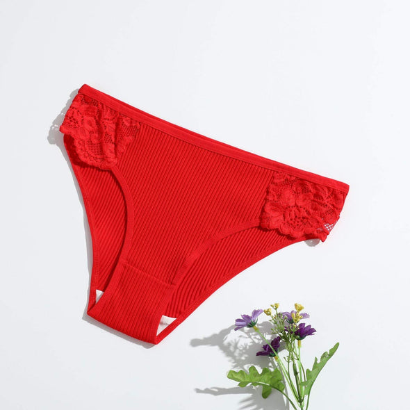 Women's Threaded Solid Color Low-rise Lace Breathable Double-stop Briefs