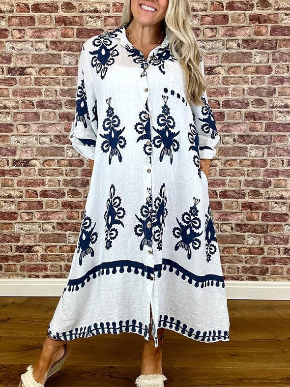 Lapel Printed Mid-sleeve Dress