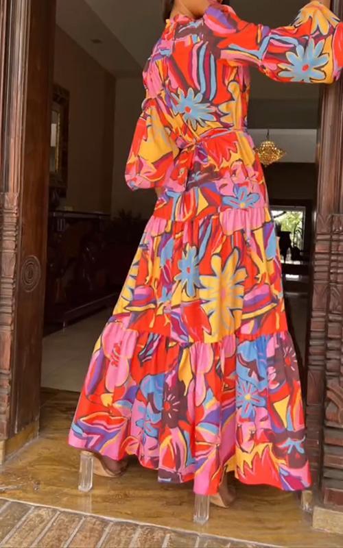 Casual V-neck Colorful Printed Dress