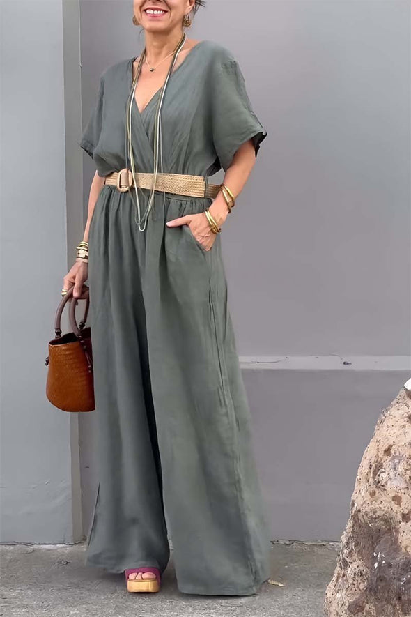 Casual V-neck cotton and linen jumpsuit