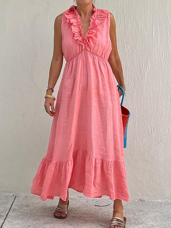 Ruffled neckline solid color cotton and linen dress