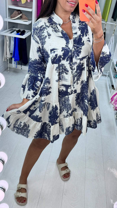 V-neck Printed Dress with Half Sleeves