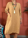 Women's Casual Solid Color Pocket Mid-Sleeve Cotton and linen Dress