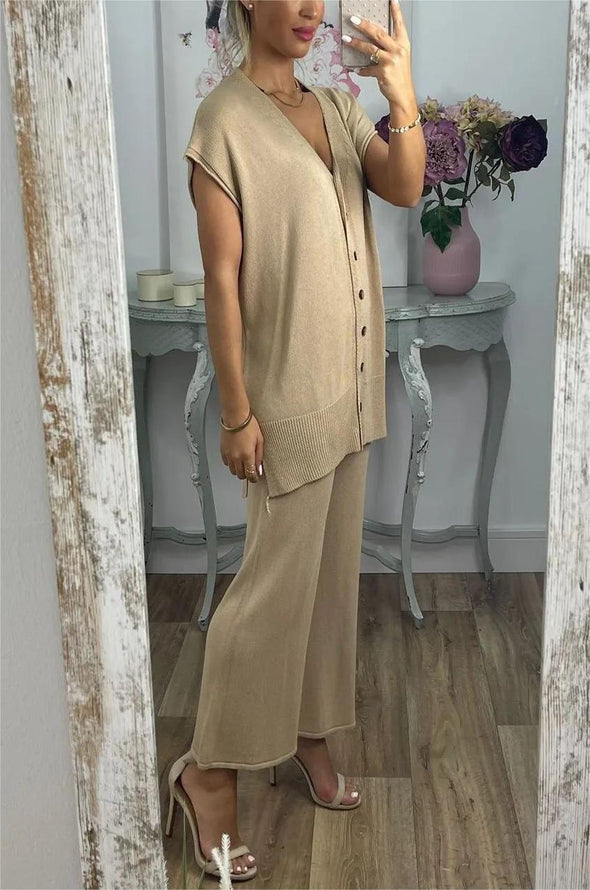 Women's Casual Solid Color Knit Top and Wide Leg Pants Set