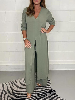 V-neck Slit Casual Two-piece Set