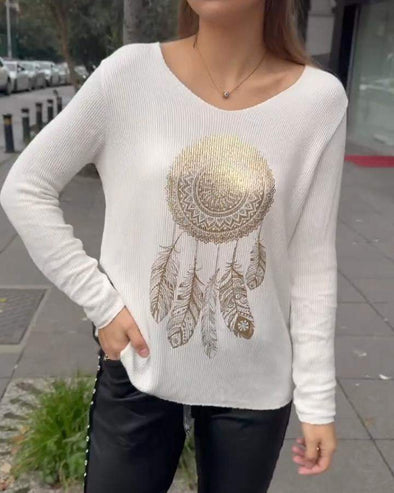 Casual V-neck Printed Top