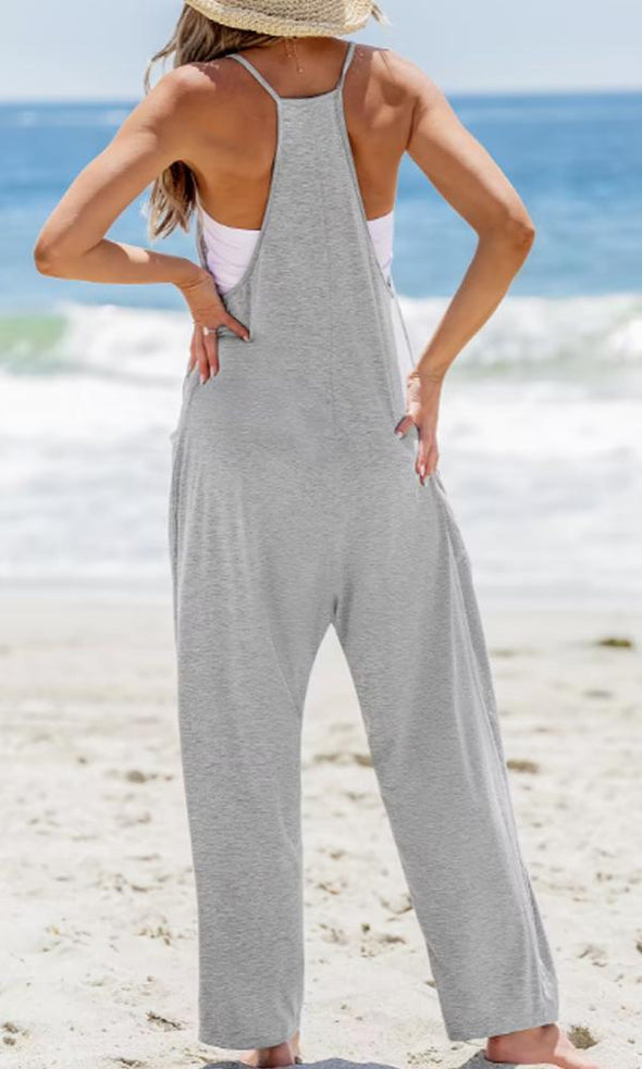 Women's Comfortable V-Neck solid Color Jumpsuit