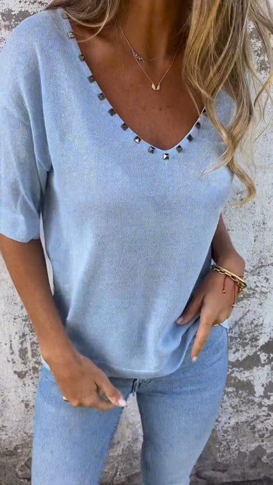 V-neck Rivet Design T-shirt