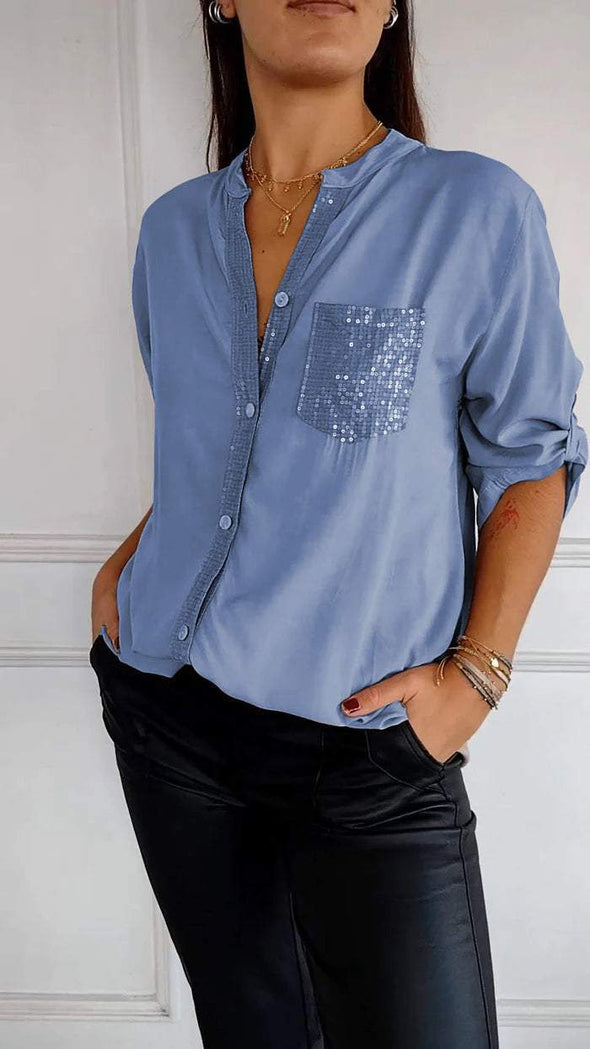 Cotton V-neck Sequin Mid-sleeve Casual Top