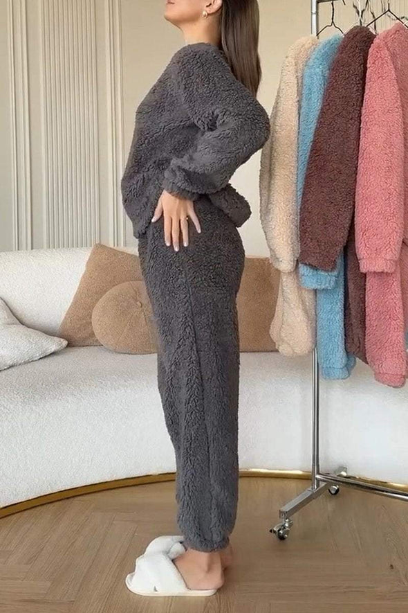 Women's Casual Round Neck Lamb Wool Two Piece Suit