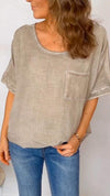 Women's Round Neck Short Sleeve Cotton and Linen Top