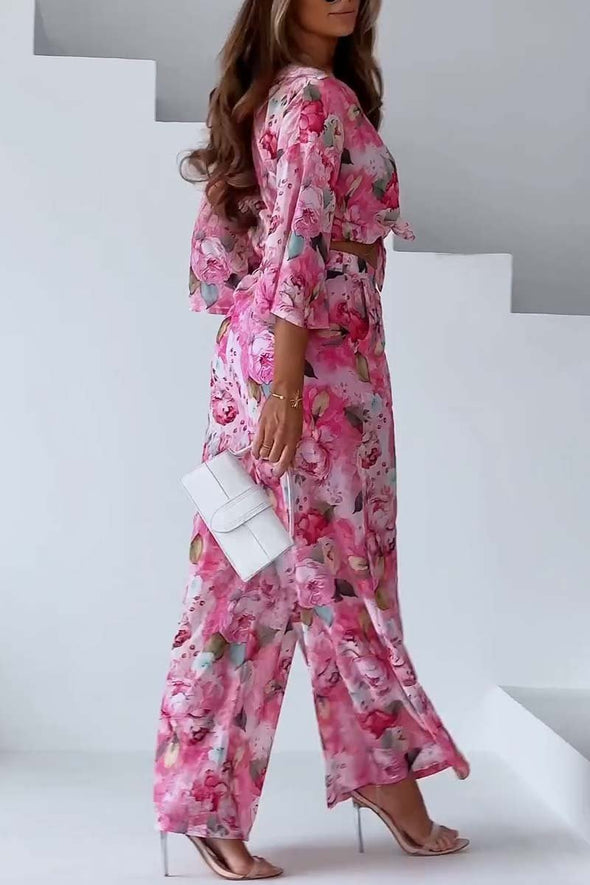 Women's Casual Floral Print Wide Leg Pants Two-Piece Set