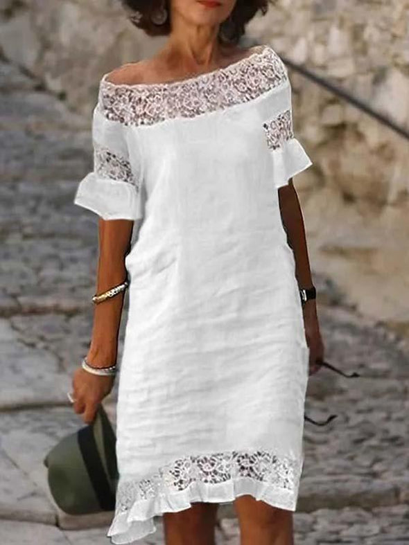 Solid color lace off-shoulder short-sleeved dress