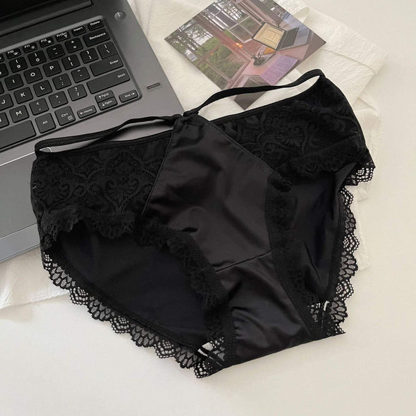 Ladies Pure Wind Satin Lace Sexy Mid-waist Panties