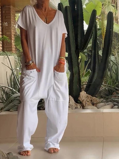 Casual V-neck Solid Color Jumpsuit